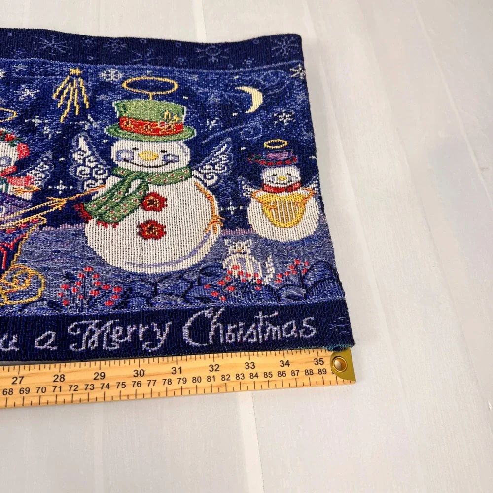 Table Runner Christmas Blue Woven Tapestry Snowman Holiday Decor 72 Inch